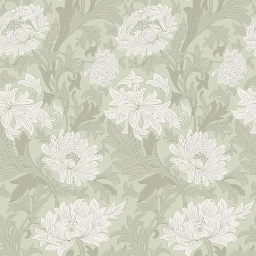 VEELIKE Papel Pintado Flores Verde Blanco Anémona Boho Papel Pintado Autoadhesivo Pared Dormitorio Baño 44,5 cm x 300 cm Vintage Arte Nouveau Fotomural Decorativos Pared Salón Pasillo Extraíble