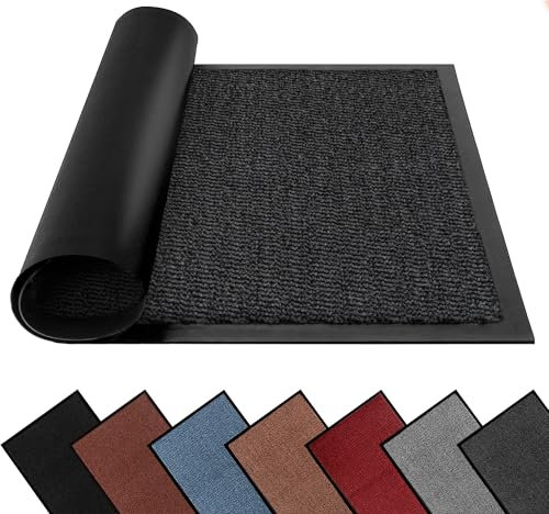 FB FunkyBuys Washable Dirt Trapper Door Mats Indoor & Outdoor, Heavy Duty Non Slip Doormats, Rubber Backed Floor Mat, Super Absorbent Front Door Mat, Entrance Rug (Anthracite-waved, 40cm x 60cm)
