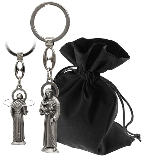Lunexus Llavero de San Antonio - bendito - 10 cm figura metálica con relieve - símbolo de protección para coche y hogar - Regalo con bolsa de terciopelo - Talismán cristiano y amuleto de la suerte,