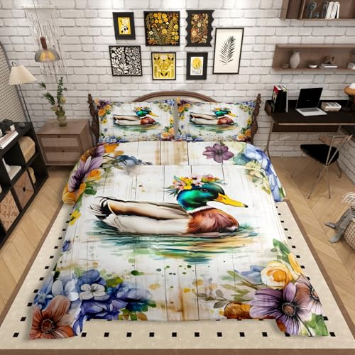 Homewish Ente Bettwäsche 135x200 Kinder, Cartoon Tier Bettbezug Mädchen Jungen, Niedlich Stockente Bett Set, mit 1 Kissenbezug Aesthetic Holzbrett Schlafzimmerdekor, Weiche Mikrofaser