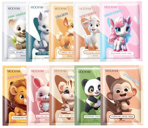 Tuchmasken Gesicht Kinder,10 Stück Gesichtsmasken Kinder Masken Selber Machen, mit Tiermotiv,Tuchmaske für Beruhigend und Nähren,für Alle Hauttypen,Erfrischende Hautpflege