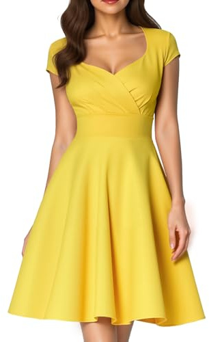 Fynadressr Women's 1950s Vintage Cocktail Italian Dress Prom Party Wedding Guest Dress Sweetheart Neckline Rockabilly Dress Yellow 2XL