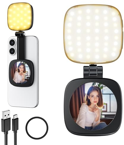 Cocobeen 【Magnetisches Selfie-Licht für Handy】5 LED-Modus mit Spiegel, kompatibel für iPhone & Android, wiederaufladbar, tragbar, Fülllicht für Fotografie/Videoaufnahmen/Konferenz/Vlog/Make-up
