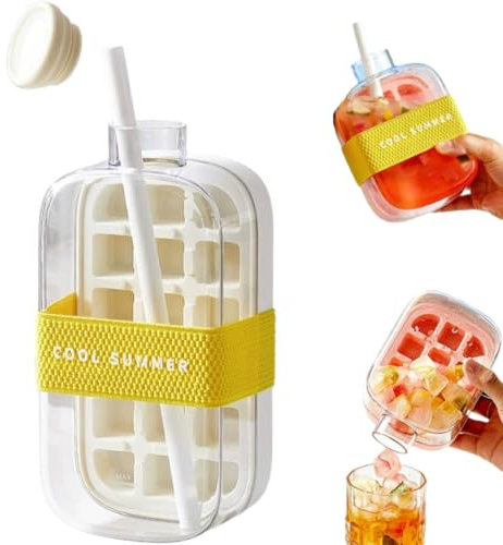 Ice Cube Bottle, Ice and Water Cup In One, Touch-Free Ice Cube Tray Water Bottle with Straw, Ice Maker, Silicone Water Bottle Ice Cube Tray Press Easy Ice Release for Freezer,Coffee,Juice,Beverage
