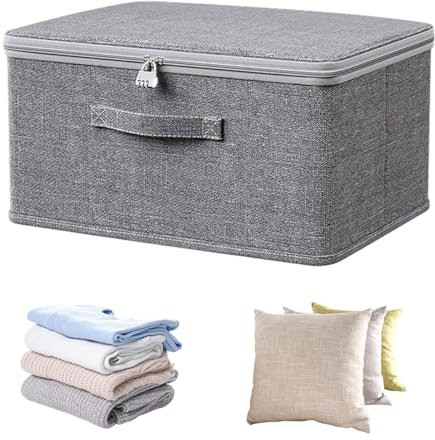 SUPRROW Abschließbare Box,Aufbewahrungsbox mit Zahlenschloss,Aufbewahrungsbox mit Deckel Stoff,Aufbewahrungskorb Grau, Faltbare Boxen Aufbewahrung mit Deckel für Kleidung, Spielzeug (30x20x14 cm)