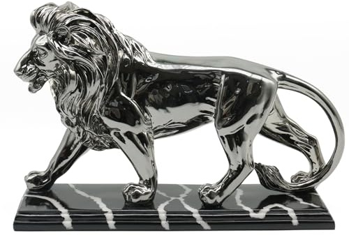 JoResona Silber Löwen Skulptur Deko, 31 cm Löwenfigur aus Harz auf schwarzem Sockel, moderne Statue für Wohnzimmer, Regal, Bücherregal, Schreibtisch, TV-Schrank, Büro, Geschenkidee