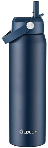 OLDLEY 1L Insulated Water Bottle with Straw, 1000ml Stainless Steel Water Bottles with Handle, Leakproof BPA Free Large Vacuum Metal Flask Keep Hot and Cold for Sports, Travel, Cycling (Navy Blue)