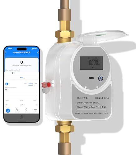 Zigbee Smart Wasserzähler mit Absperrventil & LCD-Display 214C – funktioniert mit Tuya Smart & Home Assistant, batteriebetrieben, Ferndurchflussüberwachung, Zigbee Hub erforderlich (1/2 Zoll, DN15)