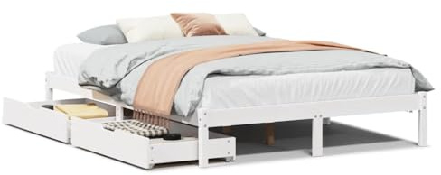 Mhdvray Massivholz Bettgestell 140x200 cm aus Kiefer Weiß Stauraumbett mit 2 Rollschubladen Jugendbett Gästebett für Schlafzimmer und Gästezimmer
