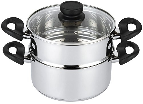 Nevlers Vaporizador de verduras de 3 cuartos para cocinar con cesta de vapor de 2 cuartos para olla y tapa de vidrio ventilada, juego de ollas de acero inoxidable de 3 piezas, utensilios de cocina