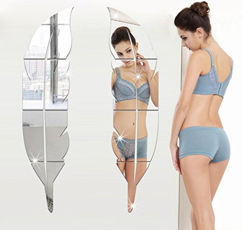 Feder, 3D-Acryl-Spiegel, Ankleidespiegel, Ganzkörperspiegel, wasserdicht, dekorativer Spiegel, Vinyl-Aufkleber und Wandbilder für Badezimmer, Schlafzimmer, Wohnzimmer, Dekoration (Silber, klein)