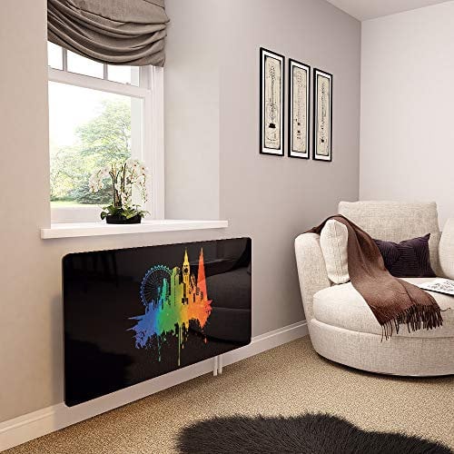 Glass Radiator Cover Printed - 'Pride' London on Black - Made by Premier Range in 1220mm Wide x 640mm High