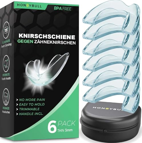 HONEYBULL Knirscherschiene für Nacht, Bequemer individueller Mundschutz für das Zähneknirschen, Bruxismus und Beißschiene für die Nacht, 6er-Pack - Dünn