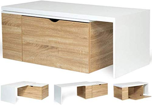 IDMarket - Table Basse rotative Bois et Blanc 360° Lizzi Extensible avec Coffre