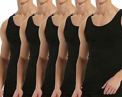Falechay Mens Vest Tops Muscle 5 Pack 100% Cotton Tank Tops Slim Fit Plain Colored Undershirt Black 4XL