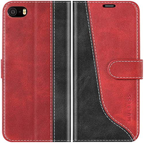 Mulbess für iPhone 5s / 5 / iPhone SE 2016 Hülle, Handyülle Leder mit Kartenfach, Klapphülle mit Magnetverschluss, Flip Case Etui Handytasche Schutzhülle, Stilvoll Wein Rot