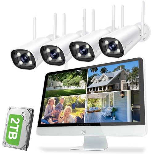 Cromorc Sistema di telecamere di sicurezza wireless all-in-one con monitor IPS da 16 pollici, rilevamento umano AI, proiettore, allarme sirena, audio a 2 vie, fotocamera da 4 pezzi da 3 MP, NVR 10CH
