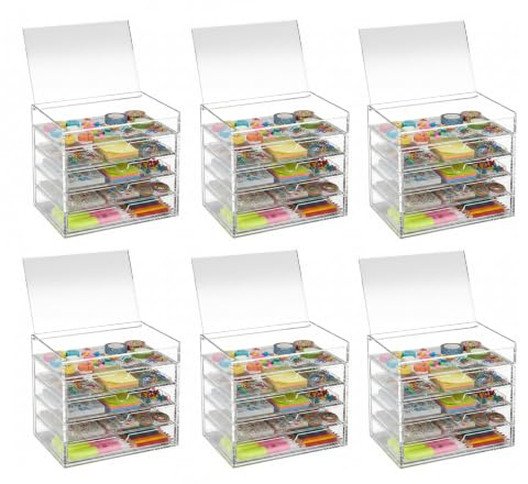 OSCO Clear Acrylic 5 Drawer Chest with Flip-Up Lid, 6 Pack, Compact Storage Box for Makeup, Jewellery and Office Supplies, High-Grade Construction, Non-Slip Resin Feet, Home and Office Organisation