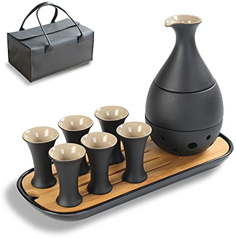 TEANAGOO Sake Set Japanisches Traditionell, Sake ReisweinSake, Karaffe (170 ml) mit 6 Sake Becher (25 ml) für heißen oder kalten japanischen Soju mit Servier Bambus Tablett Geschenksets 10 Stück/Set