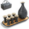 Juego de sake japonés tradicional TEANAGOO, jarra de sake (170 ml) con 6 tazas de sake (25 ml) para licor de soju japonés caliente o frío con juego de bandejas de bambú para servir 10 piezas/juego