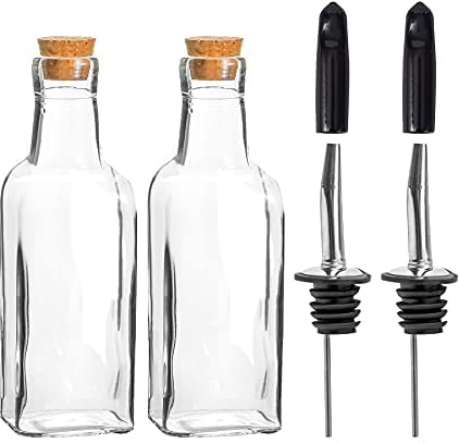 Argon Tableware Olive Oil Bottles with Cork Lids - 170ml - Pack of 2 - Dishwasher Safe Kitchen Glass Olive Oil Dispenser Cruet with Dust Cap, Cork Stopper and Tapor Pourer Top for Soy Sauce, Vinegar