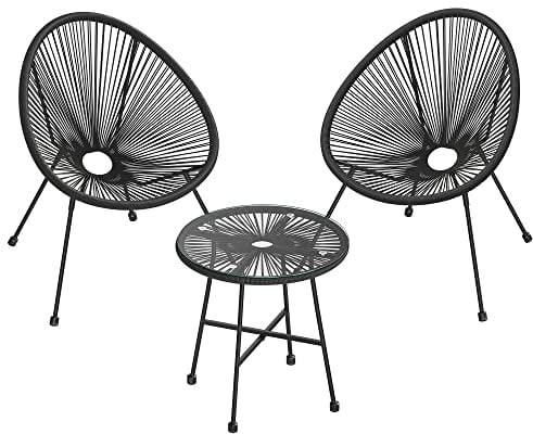 SONGMICS Balkonmöbel, Gartenmöbel-Set, 3er Set, Sitzgruppe, Terrassenmöbel, Tischoberfläche aus Glas, 2 Stühle, Innen- und Außenbereich, für Terrasse, Garten, Balkon, im Freien, schwarz GGF013B02