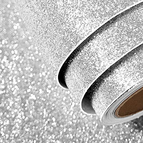 FunStick 40CMx6M Graue Glitzer Tapete Selbstklebend Glitzerfolie Silber Klebefolie Basteln Selbstklebend Folie Für Möbel Sticker Glitzer Aufkleber Glitzerpapier zum Basteln Plotterfolie Vinyl Weiß
