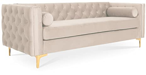 INTENSE DECO Canapé 3 Places Edward Velours Beige Pieds doré
