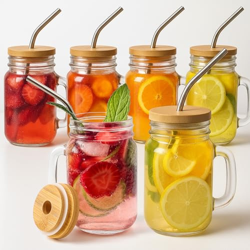 OAMCEG 6 Pack 480ml Mason Jar Glasses with Handle - Reusable 16oz Drinking Cups with Lid and Straw for Iced Coffee, Juice, Smoothies Vintage Glass Tumbler Mugs Perfect for Home, Picnic, Gifts