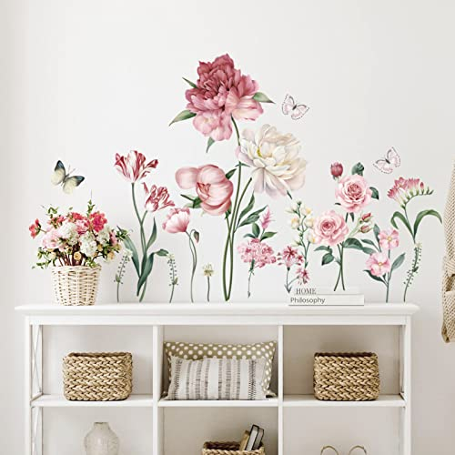 wondever Wandtattoo Pfingstrose Rosa Wandaufkleber Blumen Rose Wandsticker Wanddeko für Wohnzimmer Schlafzimmer Sofa Hintergrund