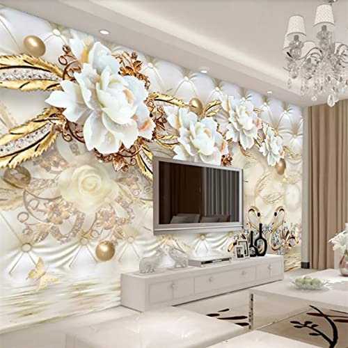 Papier peint mode 3D Photo peintures murales luxe doré blanc fleurs doux Pack boule bijoux papier peint 3D Murale Papier Peint 3D Salle de séjour Chambre à coucher séjour Mural enfant-350cm×256cm