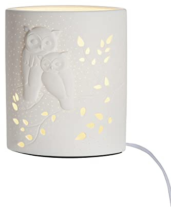 Gilde Porzell Lampe Ellipse Eulenpaar Innenleuchten, Weiß, Einzigartig