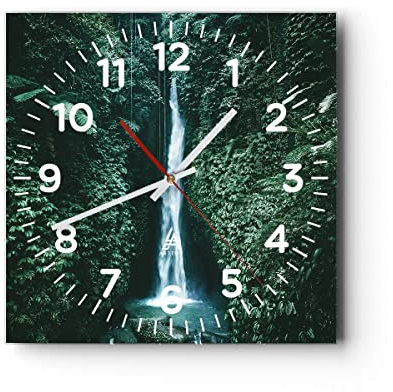 Modern Wanduhr Tropen Wasserfall Dschungel 40x40cm Quadrat Groß Wand Uhr Glas Analog Zimmeruhren Küche Büro Wohnzimmer Glasuhr Wall Clock Dekoration Design Wanddekoration Küchenuhr C4AC40x40-5103