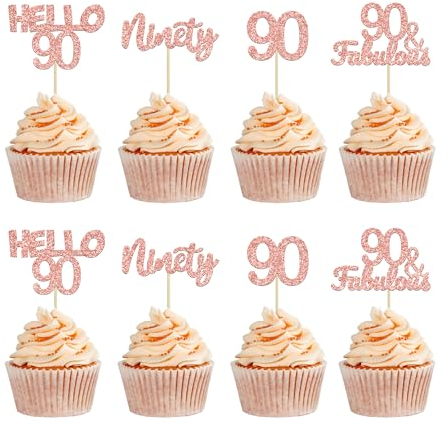 Gyufise 24Pcs 90th Birthday Cupcake Rose Gold 90 and Fabulous Cupcake Picks Happy 90th Ninety Cupcake Topper for 90th Birthday Wedding Anniversary Party Supplies