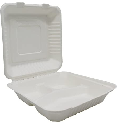 BAMI 50x Menübox | Zuckerrohr | weiß, 3-geteilt, 23,5x23,5x8cm | Essensbox mit Deckel, Take Away Box