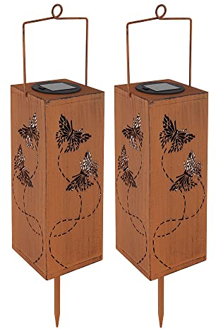 etc-shop Solarleuchte Gartendeko Laterne rost Gartenleuchte Außenlampe, Schmetterling Dekorstanzungen, Metall, LED, LxH 10,2 x 26 cm,2er Set