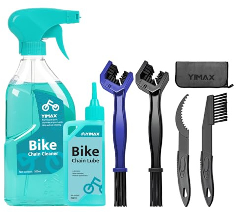 YIMAX 7 in 1 Bike Cleaner Kit | 350ml Cleaning Spray, 60ml Chain Lubricant, 4 Specialized Brushes, Biodegradable Formula, All Bike Types