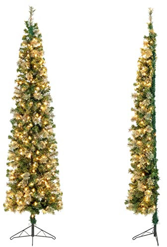 COSTWAY Medio Árbol de Navidad Slim/Estrecho con Luces 210cm, Arboles de Navidad Delgado, 403 Ramas PVC, Arbol de Navidad con Luces Incorporadas 150 Luces LED,Arvore de Natal Casa/Oficina