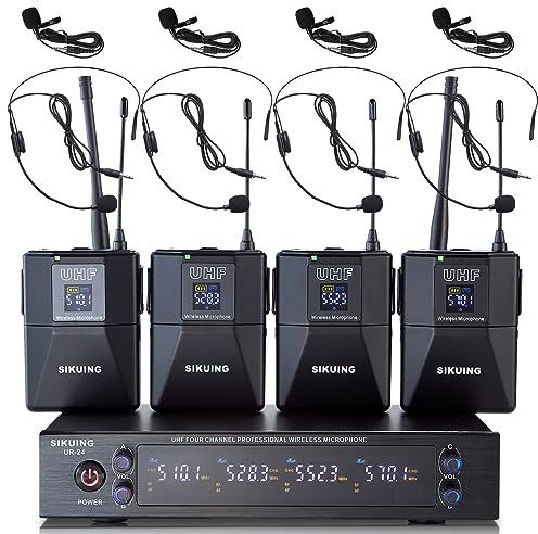 SIKUING 4 Channel UHF Wireless Microphone System with Lavalier Headset Mics, 4x50 Adjustable Frequencies, Ideal for Karaoke Meeting Church, 300ft Range (4 Bodypack)