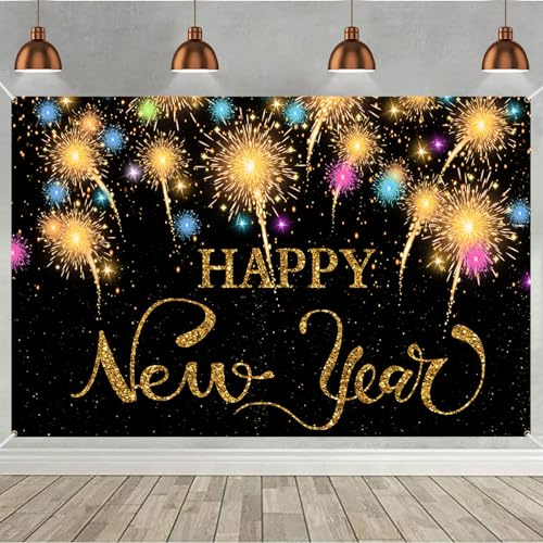 Silvester Deko 2026, 180cm x 110cm Neujahrs Banner, Happy New Year Decoration 2026 Silvester Deko Banner, Frohes neues Jahr Hintergrund Groß Stoff Schild Poster, Geeignet für Neujahrsdeko Party Deko