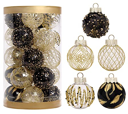 BEIJIALY Weihnachtskugel-Ornamente, 25er-Set, Weihnachtsbaumschmuck, Bruchsichere, Durchsichtige Kunststoff-Weihnachtsdekoration, Glitzernde Farbige Hängeanhänger für(Schwarz)