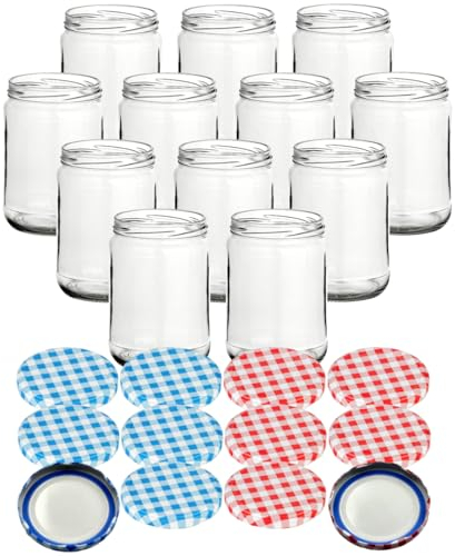 gouveo 12er Set Einmachgläser 580 ml rund mit BlueSeal Schraub-Deckel in karoblau und karorot - Leere Vorratsgläser mit TO Ø 82 mm - Bohnenglas