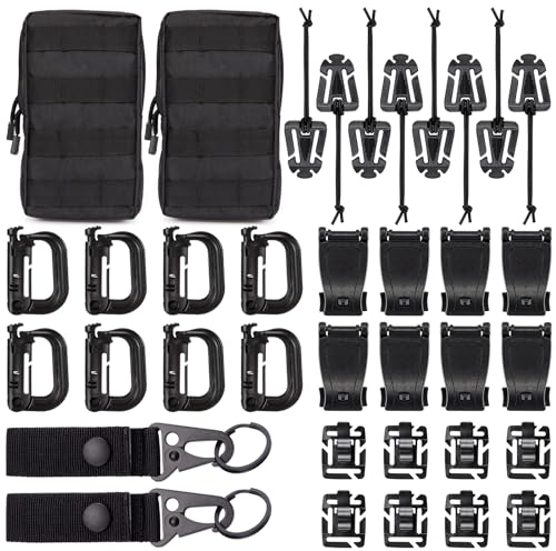 BOOSTEADY 36 STK für taktischen Rucksack Gürtel D-Ring Grimloc Verriegelungsclip Web Dominator Elastikschnüre Riemenmanagement Werkzeugschnalle Trinkschlauch Clips Schlüsselring MOLLE Tasche(Schwarz)