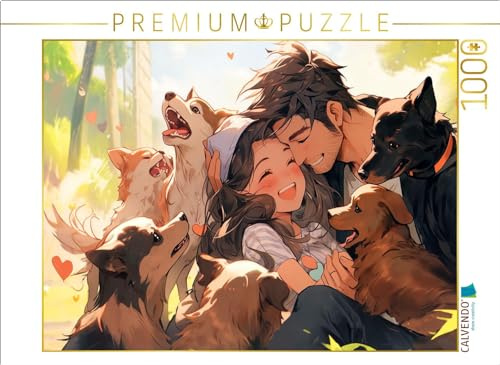 CALVENDO Puzzle Lass sie Uns alle mitnehmen - Pärchen im Manga Style inmitten von Welpen | 1000 Teile Lege-Größe 64 x 48 cm Foto-Puzzle für glückliche Stunden