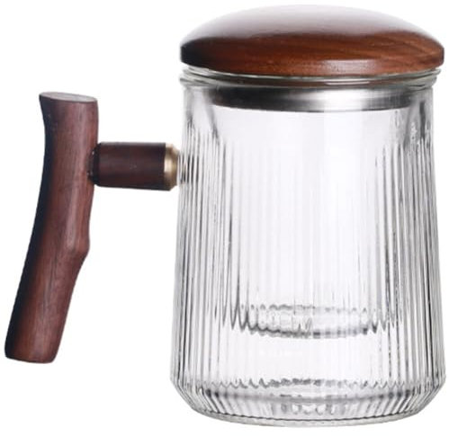 DEARMAMY Teesieb, 380 ml, gerippte, transparente Teetasse mit Teesieb, Holzdeckel und Griff, eine Tasse aus Glas für Kaffee, Tee, lose Teetasse