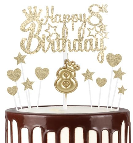mciskin 8th Happy Birthday Candles Cake Toppers, Crown Number 8 Candle for Cake, Girls 8th Birthday Decorations, Cake Candles Cake Topper for Baby Birthday Party Wedding Anniversary (Champagne Gold)