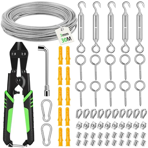 Besdiyart 70 Pcs Garden Wire Rope Kit, 30m PVC Coated 3mm 304 Stainless Steel Cable with Wire Rope Cutter, Wire Rope Turnbuckles Set with Eyelets Rope Tensioner for Hanging
