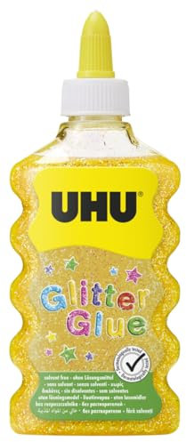 UHU Glitter Glue Oro - bottiglietta di glitter oro per decorare, sicuri per i bambini, dermatologicamente testati, perfetti per i lavoretti