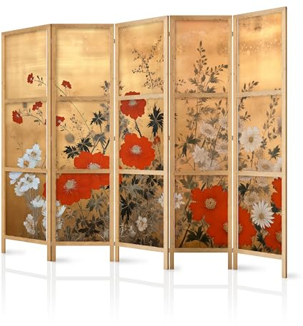 murando - Paravent Innen Raumteiler Holz Botanik Abstrakt 225x172 cm 5-teilig Japanische Trennwand Raumtrenner Room Divider Mobiler Sichtschutz Spanische Wand Raum Abtrennung Natur b-H-10005-bh-b