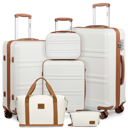 KONO Kofferset Reisekoffer Set Gepäcksets 6 Teilig, Koffer Set mit Beautycase Kosmetikkoffe mit Handgepäck Reisetasche mit Kulturbeutel (Creme Weiß)